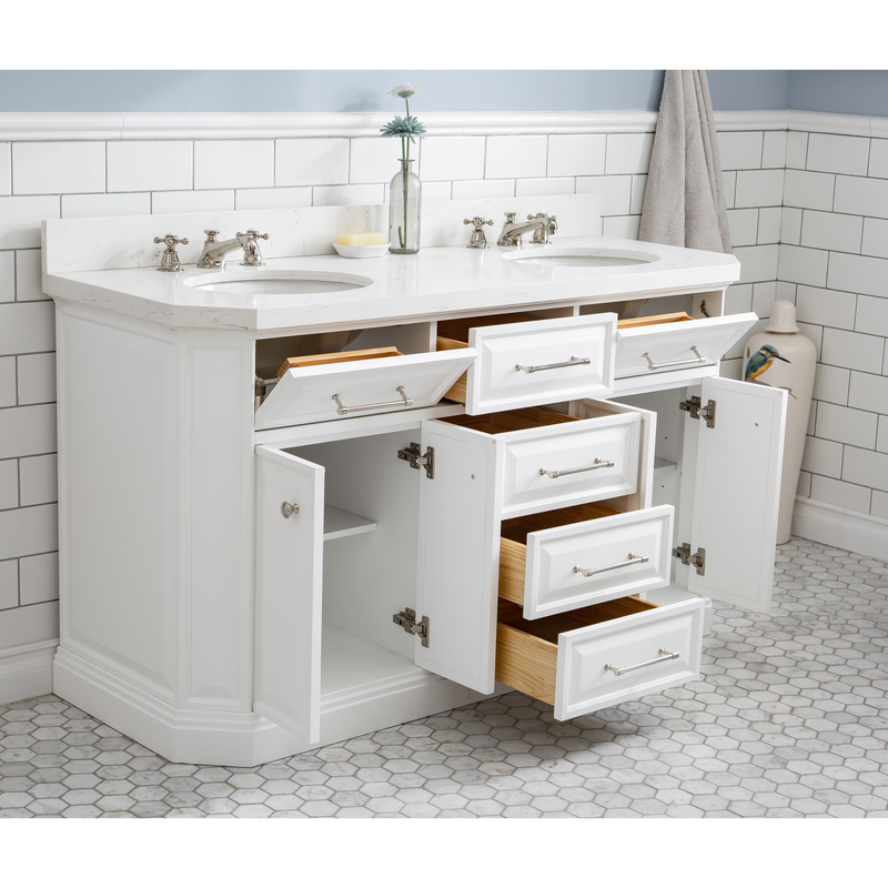 Water Creation 60" Palace Collection Quartz Carrara Pure White Bathroom Vanity Set with Hardware, Mirror in Polished Nickel (PVD) Finish PA60B-0500PW