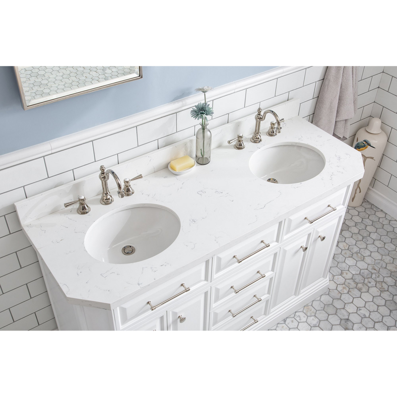 Water Creation 60" Palace Collection Quartz Carrara Pure White Bathroom Vanity Set with Hardware and F2-0012 Faucets in Polished Nickel (PVD) Finish PA60C-0512PW