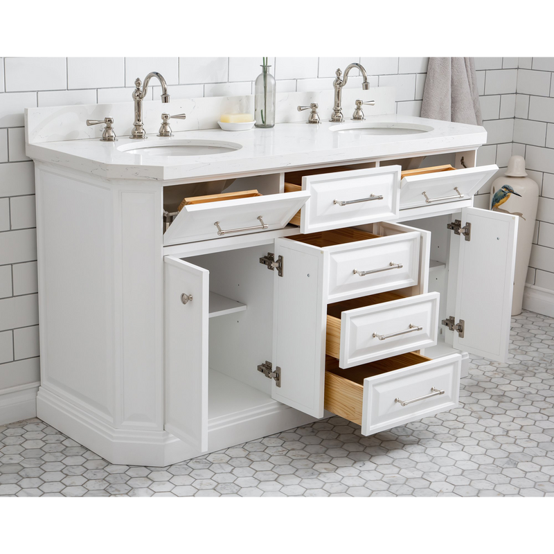 Water Creation 60" Palace Collection Quartz Carrara Pure White Bathroom Vanity Set with Hardware and F2-0012 Faucets in Polished Nickel (PVD) Finish PA60C-0512PW