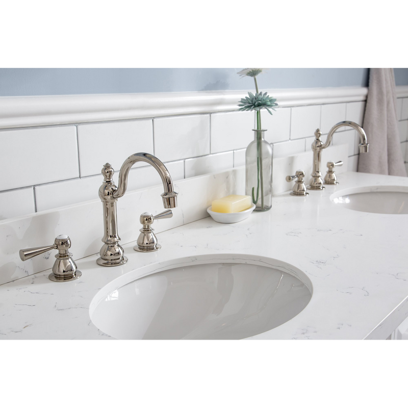 Water Creation 60" Palace Collection Quartz Carrara Pure White Bathroom Vanity Set with Hardware and F2-0012 Faucets in Polished Nickel (PVD) Finish PA60C-0512PW