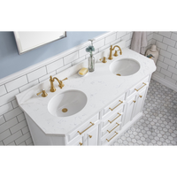 Water Creation 60" Palace Collection Quartz Carrara Pure White Bathroom Vanity Set with Hardware and F2-0012 Faucets in Satin Gold Finish and Only Mirrors in Chrome Finish PA60D-0612PW