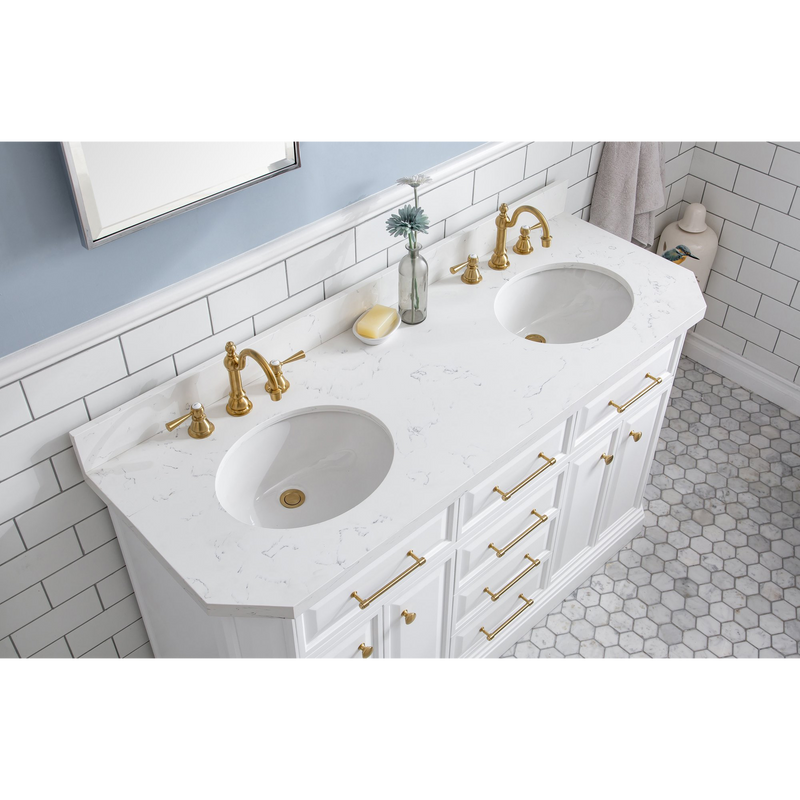 Water Creation 60" Palace Collection Quartz Carrara Pure White Bathroom Vanity Set with Hardware and F2-0012 Faucets in Satin Gold Finish and Only Mirrors in Chrome Finish PA60D-0612PW