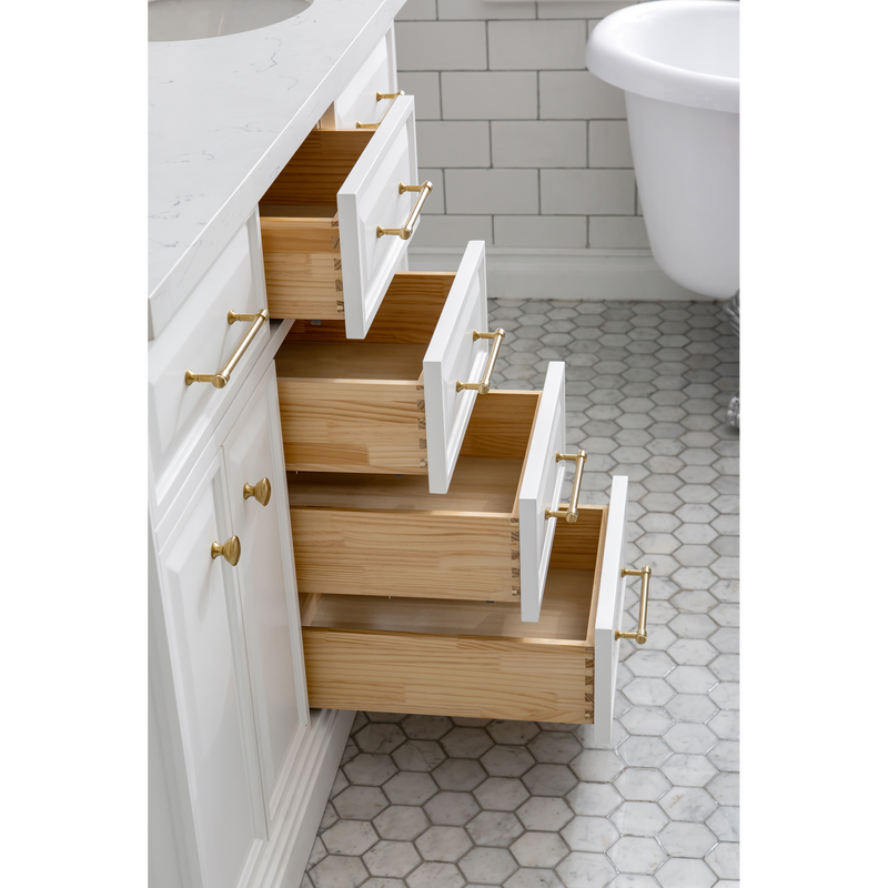 Water Creation 60" Palace Collection Quartz Carrara Pure White Bathroom Vanity Set with Hardware and F2-0012 Faucets in Satin Gold Finish and Only Mirrors in Chrome Finish PA60C-0612PW