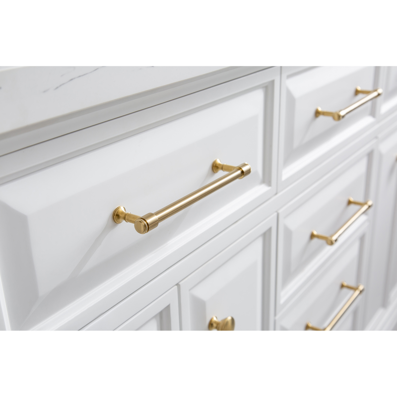 Water Creation 60" Palace Collection Quartz Carrara Pure White Bathroom Vanity Set with Hardware and F2-0012 Faucets in Satin Gold Finish and Only Mirrors in Chrome Finish PA60C-0612PW