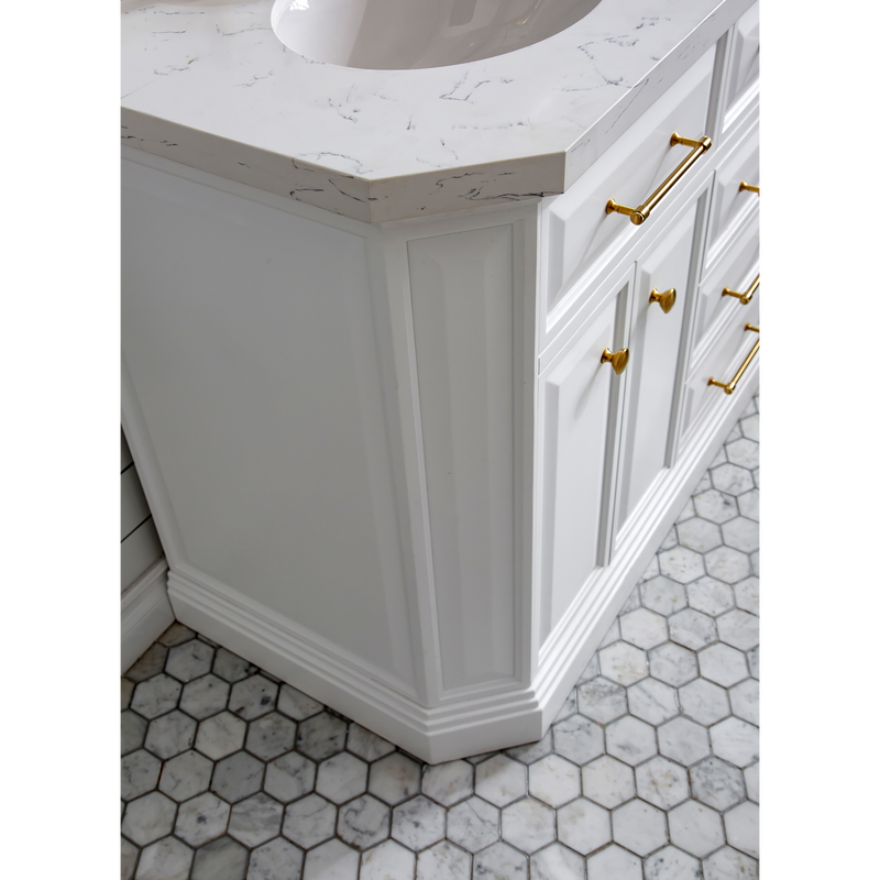Water Creation 60" Palace Collection Quartz Carrara Pure White Bathroom Vanity Set with Hardware and F2-0012 Faucets in Satin Gold Finish and Only Mirrors in Chrome Finish PA60D-0612PW