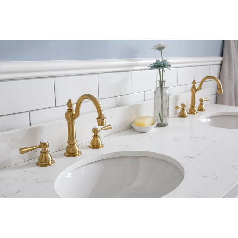 Water Creation 60" Palace Collection Quartz Carrara Pure White Bathroom Vanity Set with Hardware and F2-0012 Faucets in Satin Gold Finish and Only Mirrors in Chrome Finish PA60D-0612PW