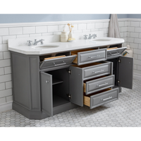 Water Creation 72" Palace Collection Quartz Carrara Cashmere Grey Bathroom Vanity Set with Hardware and F2-0009 Faucets, Mirror in Chrome Finish PA72D-0109CG