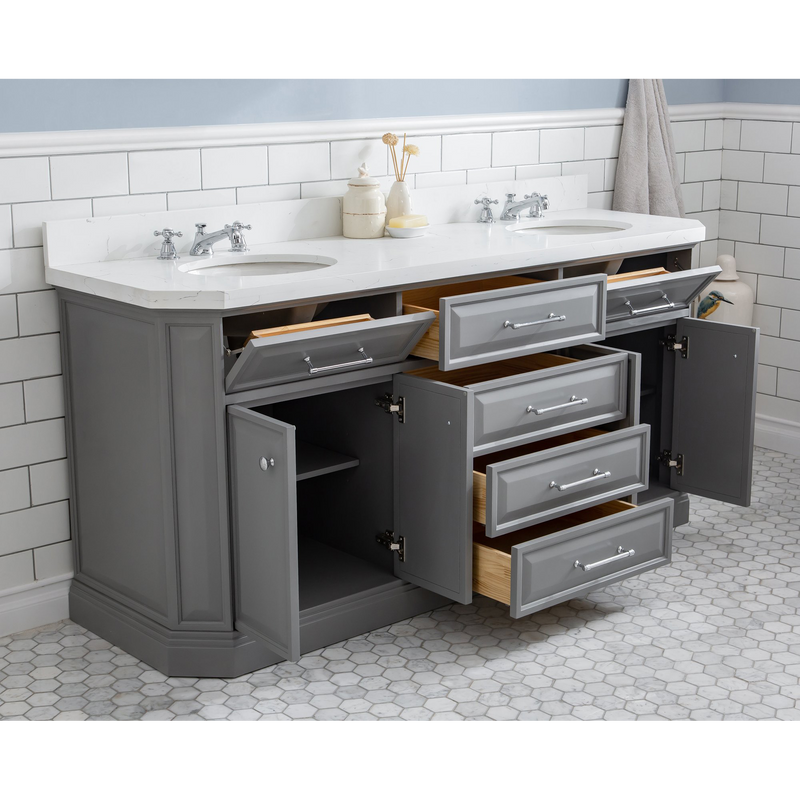 Water Creation 72" Palace Collection Quartz Carrara Cashmere Grey Bathroom Vanity Set with Hardware and F2-0009 Faucets, Mirror in Chrome Finish PA72D-0109CG