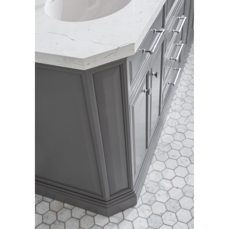 Water Creation 72" Palace Collection Quartz Carrara Cashmere Grey Bathroom Vanity Set with Hardware and F2-0009 Faucets, Mirror in Chrome Finish PA72D-0109CG