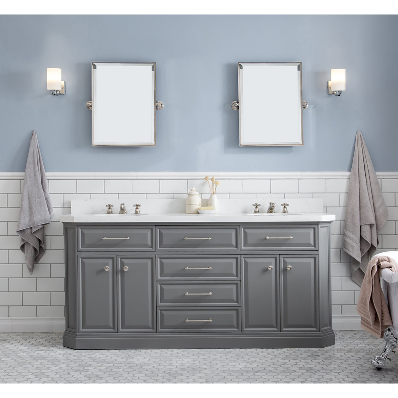 Water Creation 72" Palace Collection Quartz Carrara Cashmere Grey Bathroom Vanity Set with Hardware and F2-0009 Faucets in Polished Nickel (PVD) Finish PA72C-0509CG