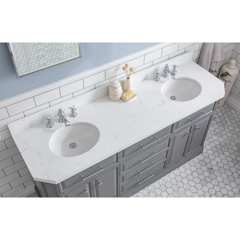 Water Creation 72" Palace Collection Quartz Carrara Cashmere Grey Bathroom Vanity Set with Hardware and F2-0013 Faucets, Mirror in Chrome Finish PA72D-0113CG