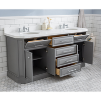Water Creation 72" Palace Collection Quartz Carrara Cashmere Grey Bathroom Vanity Set with Hardware and F2-0013 Faucets, Mirror in Chrome Finish PA72D-0113CG