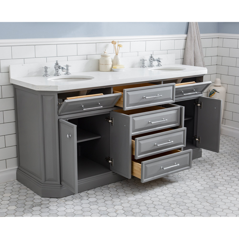 Water Creation 72" Palace Collection Quartz Carrara Cashmere Grey Bathroom Vanity Set with Hardware and F2-0013 Faucets, Mirror in Chrome Finish PA72D-0113CG