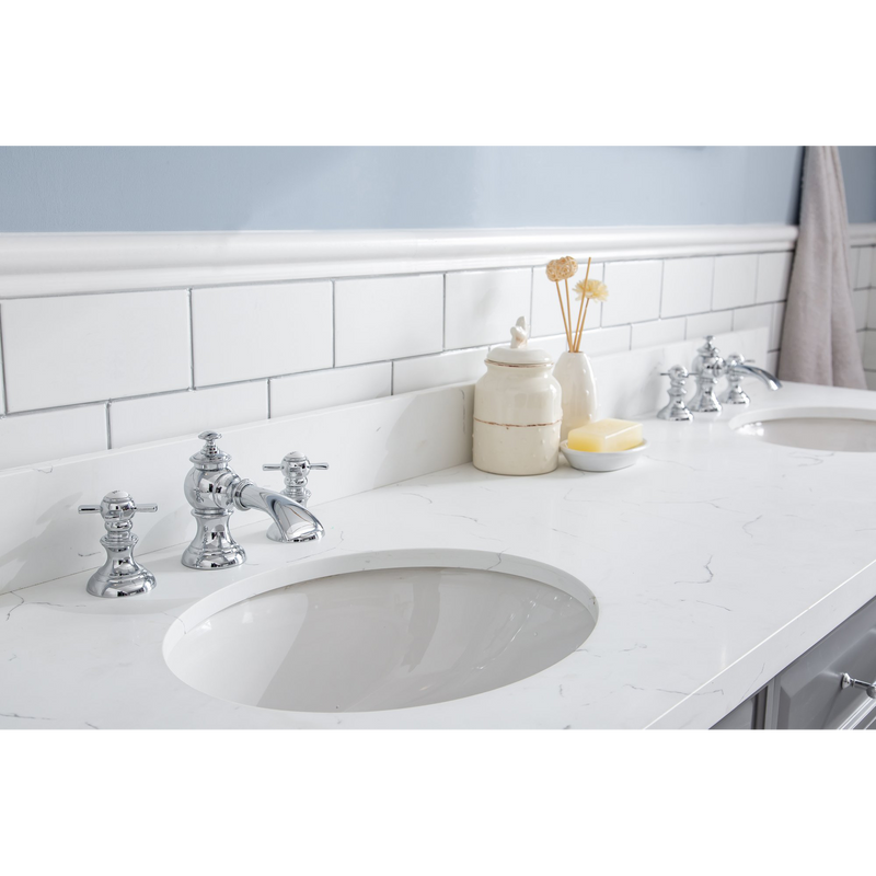 Water Creation 72" Palace Collection Quartz Carrara Cashmere Grey Bathroom Vanity Set with Hardware and F2-0013 Faucets, Mirror in Chrome Finish PA72D-0113CG