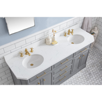 Water Creation 72" Palace Collection Quartz Carrara Cashmere Grey Bathroom Vanity Set with Hardware and F2-0013 Faucets in Satin Gold Finish and Only Mirrors in Chrome Finish PA72D-0613CG