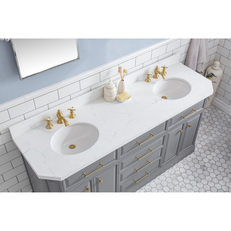 Water Creation 72" Palace Collection Quartz Carrara Cashmere Grey Bathroom Vanity Set with Hardware and F2-0013 Faucets in Satin Gold Finish and Only Mirrors in Chrome Finish PA72D-0613CG