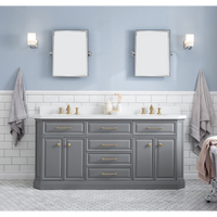 Water Creation 72" Palace Collection Quartz Carrara Cashmere Grey Bathroom Vanity Set with Hardware and F2-0013 Faucets in Satin Gold Finish and Only Mirrors in Chrome Finish PA72D-0613CG