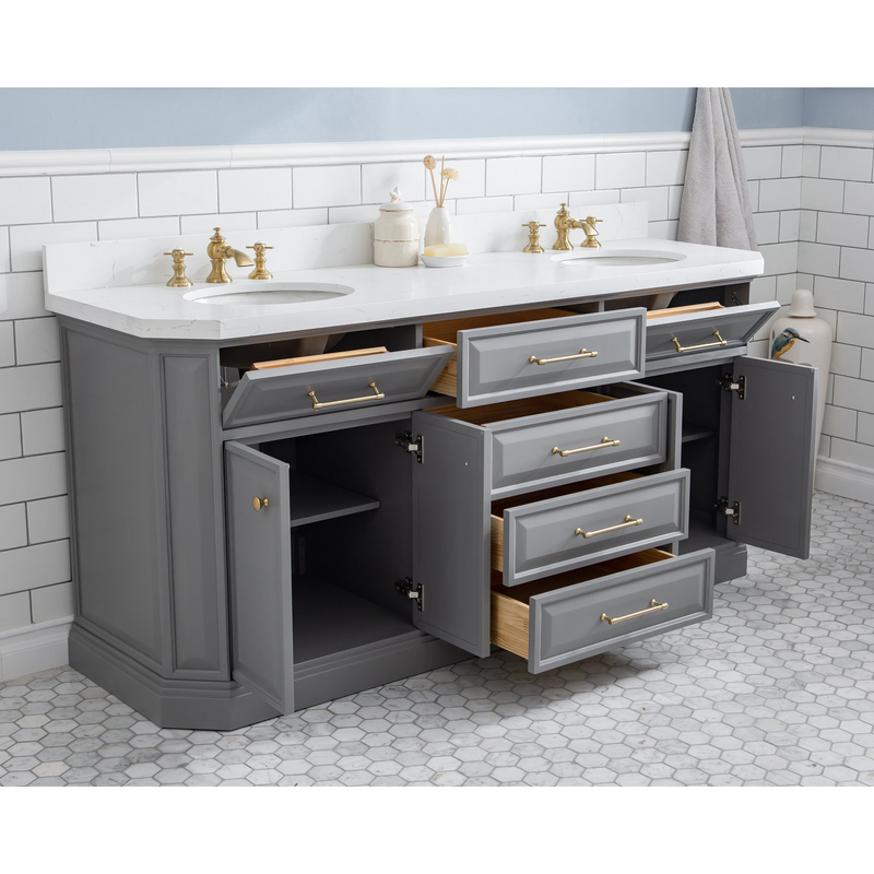 Water Creation 72" Palace Collection Quartz Carrara Cashmere Grey Bathroom Vanity Set with Hardware and F2-0013 Faucets in Satin Gold Finish and Only Mirrors in Chrome Finish PA72D-0613CG