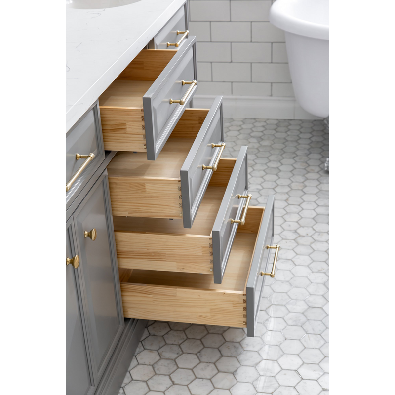 Water Creation 72" Palace Collection Quartz Carrara Cashmere Grey Bathroom Vanity Set with Hardware and F2-0013 Faucets in Satin Gold Finish and Only Mirrors in Chrome Finish PA72D-0613CG