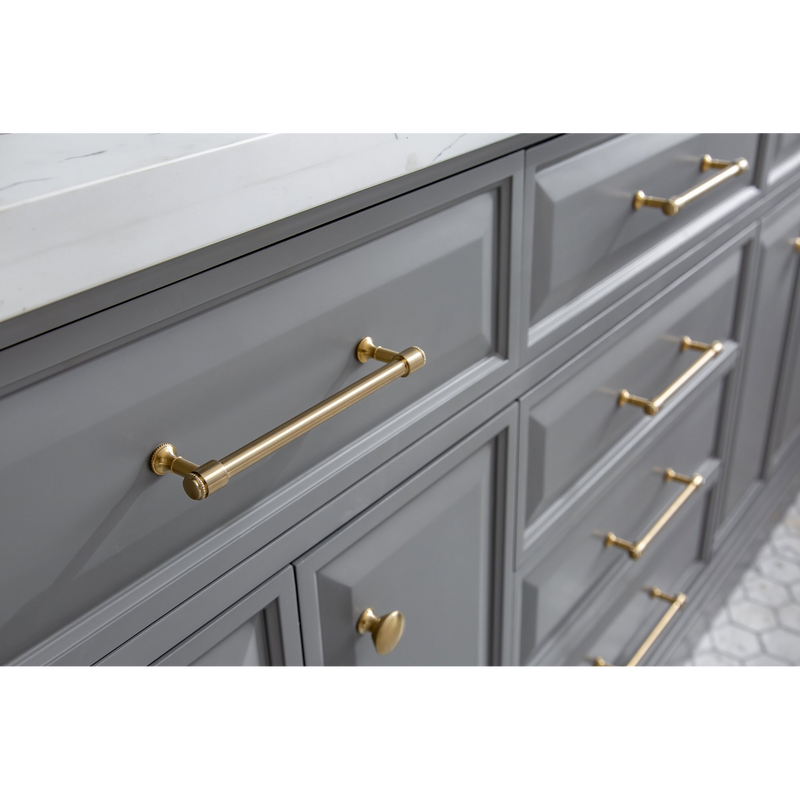 Water Creation 72" Palace Collection Quartz Carrara Cashmere Grey Bathroom Vanity Set with Hardware and F2-0013 Faucets in Satin Gold Finish and Only Mirrors in Chrome Finish PA72D-0613CG