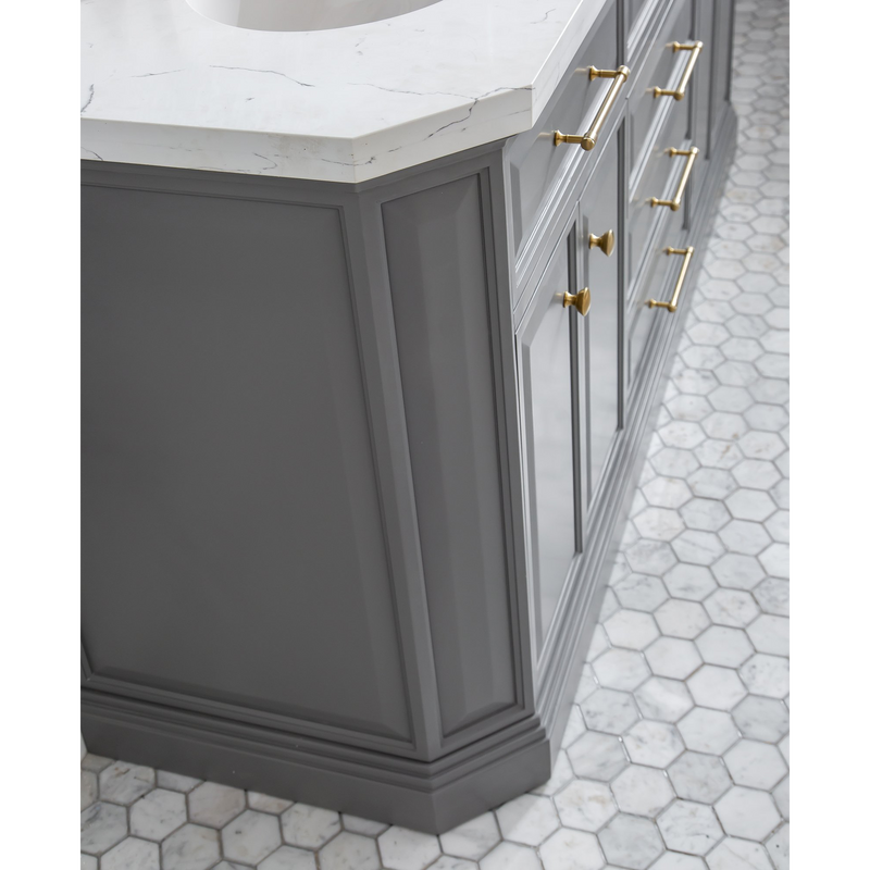 Water Creation 72" Palace Collection Quartz Carrara Cashmere Grey Bathroom Vanity Set with Hardware and F2-0013 Faucets in Satin Gold Finish and Only Mirrors in Chrome Finish PA72D-0613CG