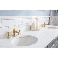 Water Creation 72" Palace Collection Quartz Carrara Cashmere Grey Bathroom Vanity Set with Hardware and F2-0013 Faucets in Satin Gold Finish and Only Mirrors in Chrome Finish PA72D-0613CG