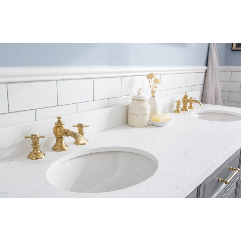 Water Creation 72" Palace Collection Quartz Carrara Cashmere Grey Bathroom Vanity Set with Hardware and F2-0013 Faucets in Satin Gold Finish and Only Mirrors in Chrome Finish PA72D-0613CG