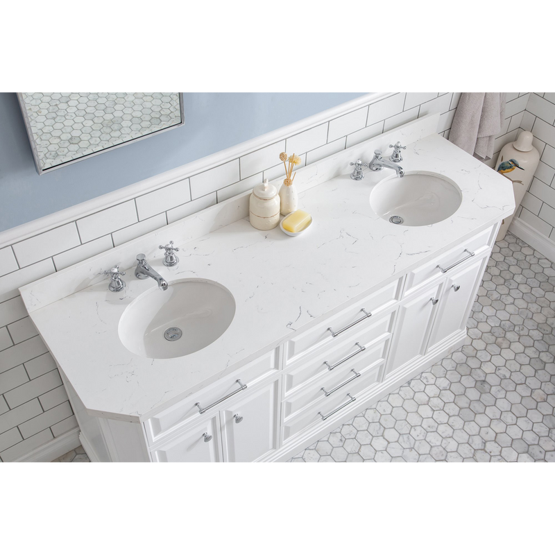 Water Creation 72" Palace Collection Quartz Carrara Pure White Bathroom Vanity Set with Hardware and F2-0009 Faucets, Mirror in Chrome Finish PA72D-0109PW