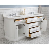 Water Creation 72" Palace Collection Quartz Carrara Pure White Bathroom Vanity Set with Hardware and F2-0009 Faucets, Mirror in Chrome Finish PA72D-0109PW