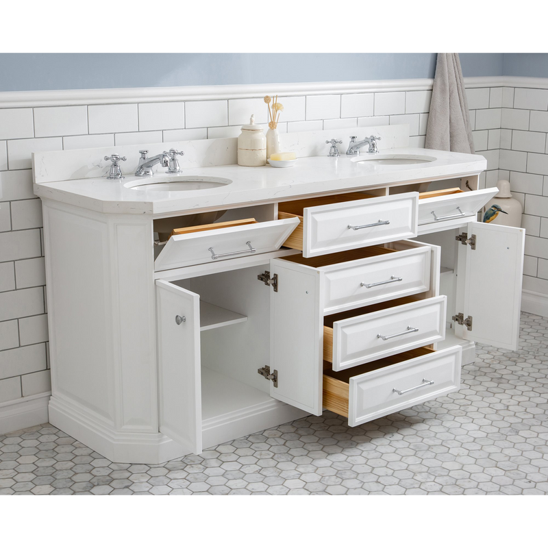 Water Creation 72" Palace Collection Quartz Carrara Pure White Bathroom Vanity Set with Hardware and F2-0009 Faucets, Mirror in Chrome Finish PA72D-0109PW