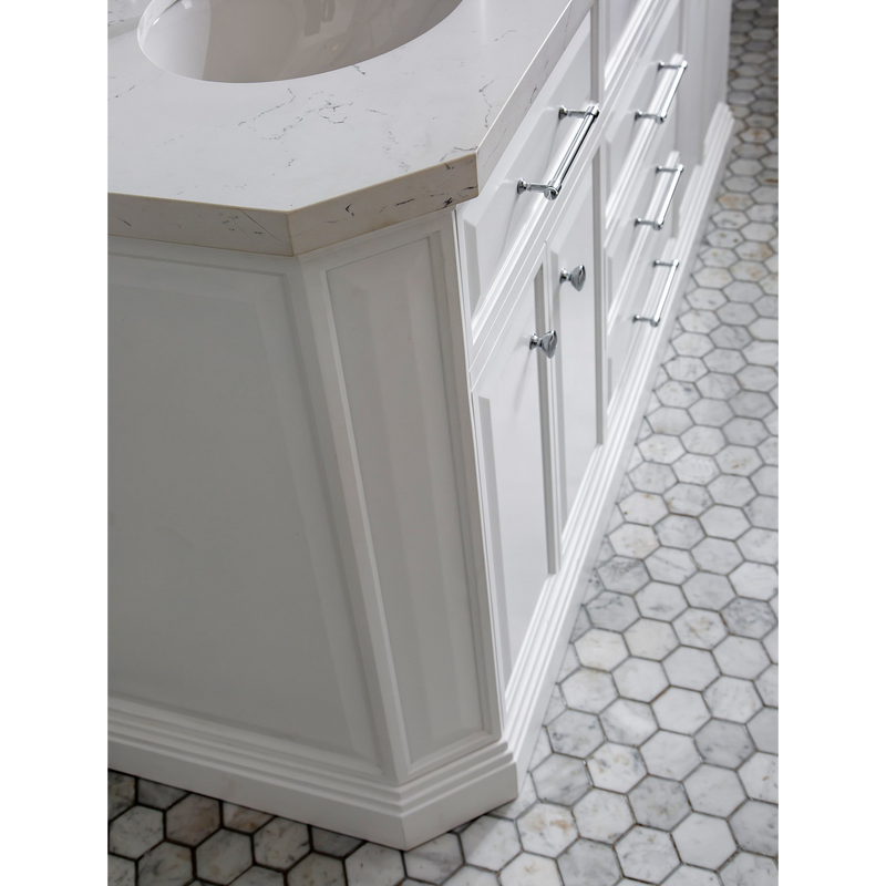 Water Creation 72" Palace Collection Quartz Carrara Pure White Bathroom Vanity Set with Hardware and F2-0009 Faucets, Mirror in Chrome Finish PA72D-0109PW