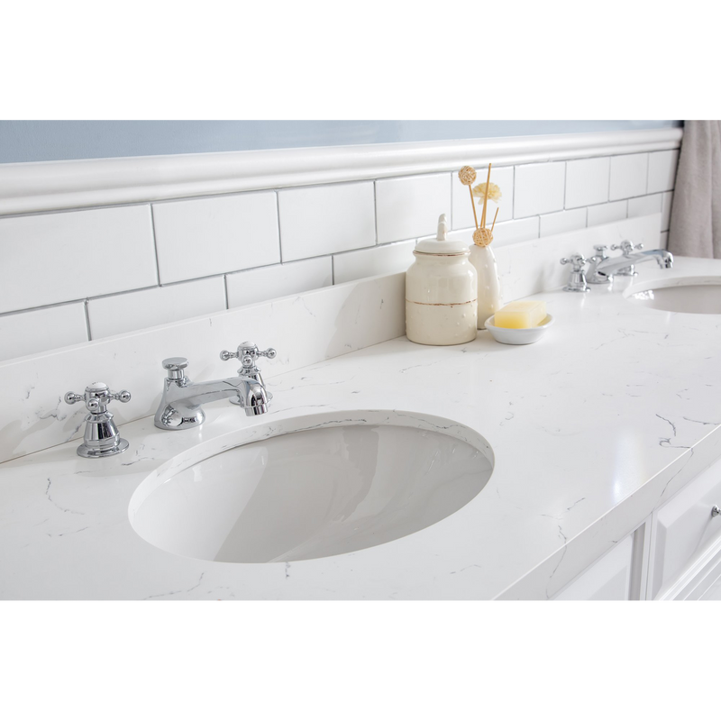 Water Creation 72" Palace Collection Quartz Carrara Pure White Bathroom Vanity Set with Hardware and F2-0009 Faucets, Mirror in Chrome Finish PA72D-0109PW
