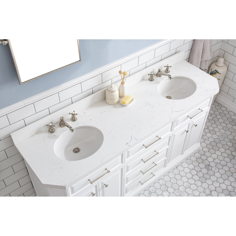 Water Creation 72" Palace Collection Quartz Carrara Pure White Bathroom Vanity Set with Hardware and F2-0009 Faucets, Mirror in Polished Nickel (PVD) Finish PA72D-0509PW