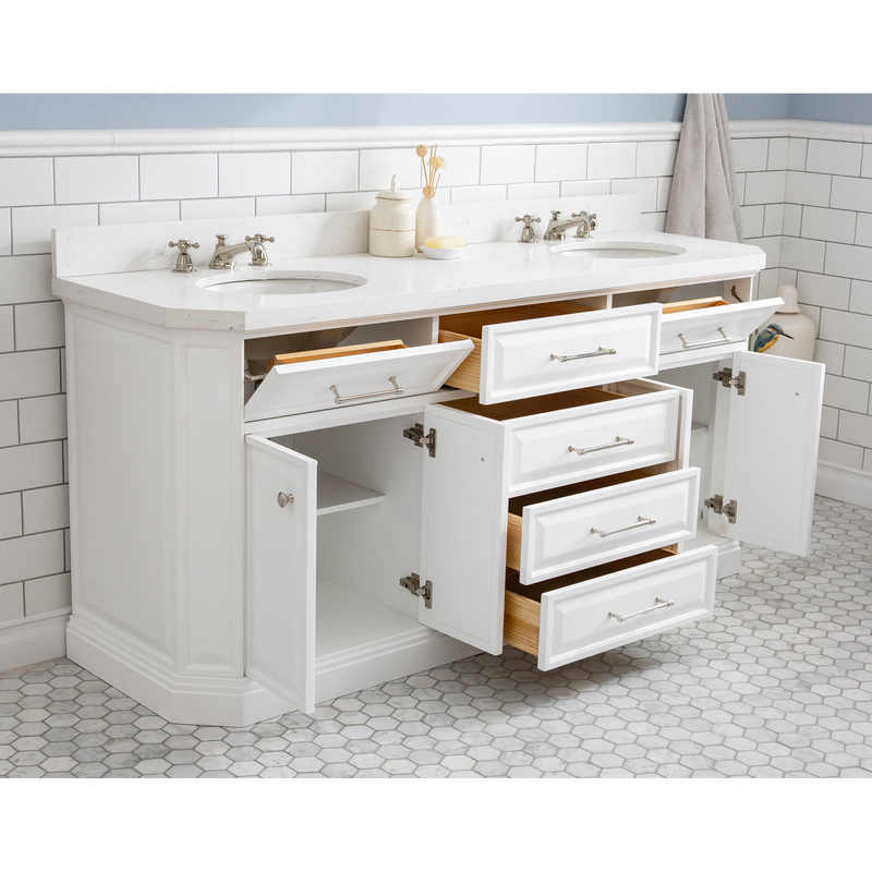 Water Creation 72" Palace Collection Quartz Carrara Pure White Bathroom Vanity Set with Hardware and F2-0009 Faucets, Mirror in Polished Nickel (PVD) Finish PA72D-0509PW