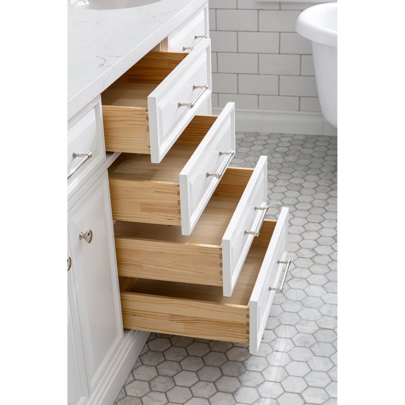 Water Creation 72" Palace Collection Quartz Carrara Pure White Bathroom Vanity Set with Hardware and F2-0009 Faucets, Mirror in Polished Nickel (PVD) Finish PA72D-0509PW