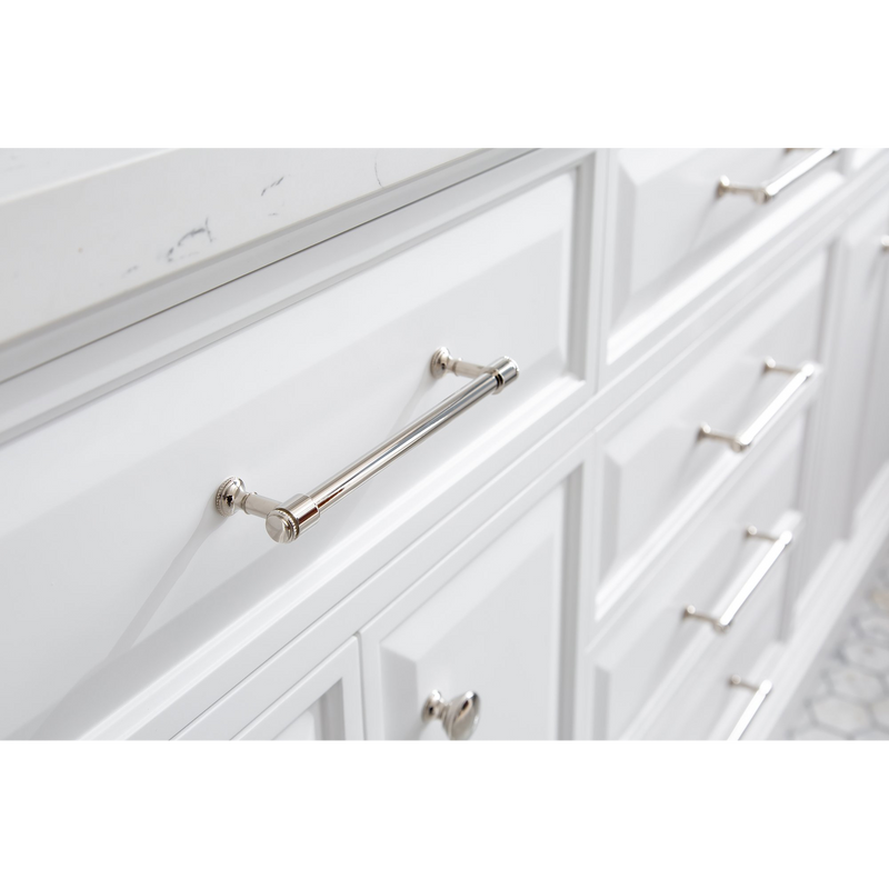Water Creation 72" Palace Collection Quartz Carrara Pure White Bathroom Vanity Set with Hardware and F2-0009 Faucets, Mirror in Polished Nickel (PVD) Finish PA72D-0509PW
