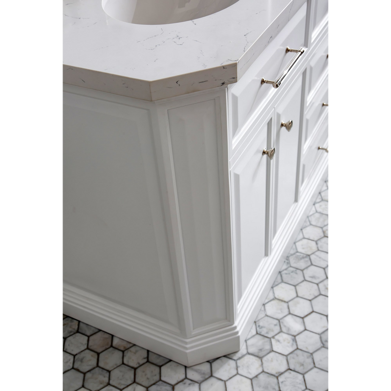 Water Creation 72" Palace Collection Quartz Carrara Pure White Bathroom Vanity Set with Hardware and F2-0009 Faucets, Mirror in Polished Nickel (PVD) Finish PA72D-0509PW