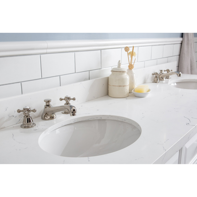 Water Creation 72" Palace Collection Quartz Carrara Pure White Bathroom Vanity Set with Hardware and F2-0009 Faucets, Mirror in Polished Nickel (PVD) Finish PA72D-0509PW