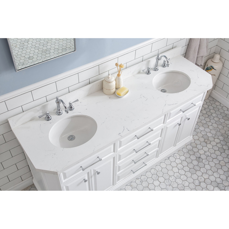 Water Creation 72" Palace Collection Quartz Carrara Pure White Bathroom Vanity Set with Hardware and F2-0012 Faucets in Chrome Finish PA72C-0112PW