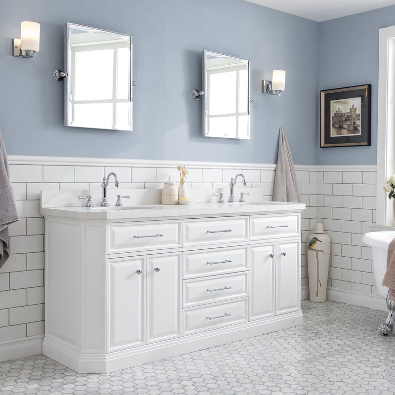 Water Creation 72" Palace Collection Quartz Carrara Pure White Bathroom Vanity Set with Hardware and F2-0012 Faucets in Chrome Finish PA72C-0112PW