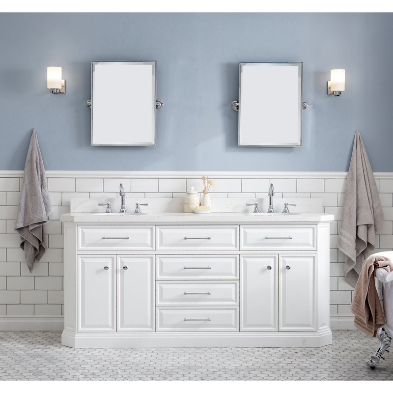 Water Creation 72" Palace Collection Quartz Carrara Pure White Bathroom Vanity Set with Hardware and F2-0012 Faucets in Chrome Finish PA72C-0112PW