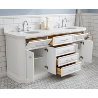 Water Creation 72" Palace Collection Quartz Carrara Pure White Bathroom Vanity Set with Hardware and F2-0012 Faucets in Chrome Finish PA72C-0112PW