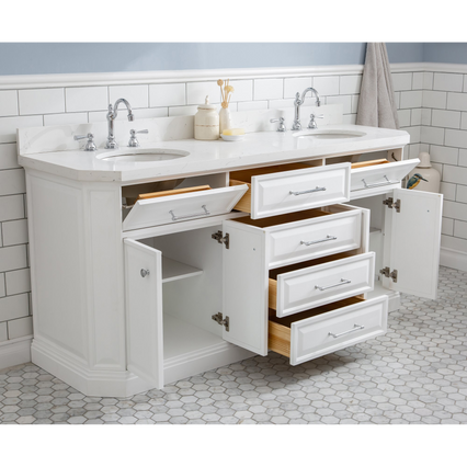 Water Creation 72" Palace Collection Quartz Carrara Pure White Bathroom Vanity Set with Hardware and F2-0012 Faucets in Chrome Finish PA72C-0112PW
