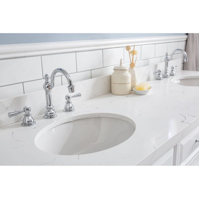 Water Creation 72" Palace Collection Quartz Carrara Pure White Bathroom Vanity Set with Hardware and F2-0012 Faucets in Chrome Finish PA72C-0112PW