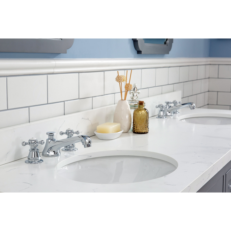 Water Creation Queen 72" Double Sink Quartz Carrara Vanity in Cashmere Grey with Matching Mirror(s) and F2-0009-01-BX Lavatory Faucet(s) VQU072QCCG05