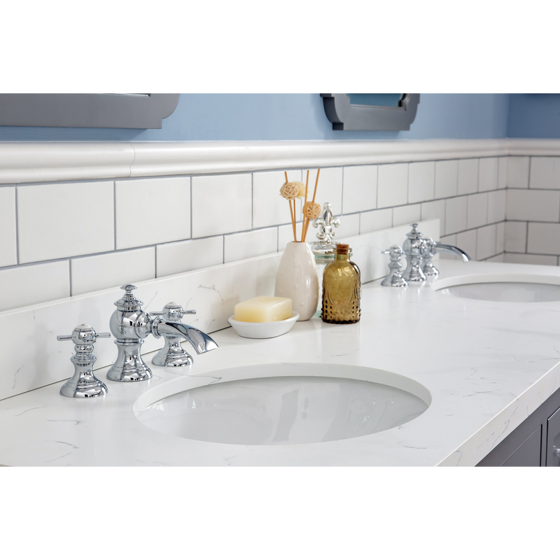 Water Creation Queen 72" Double Sink Quartz Carrara Vanity in Cashmere Grey with F2-0013-01-FX Lavatory Faucet(s) VQU072QCCG72