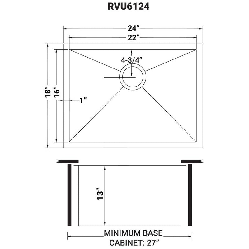 Ruvati 24" x 18" x 13" Deep Laundry Utility Sink Undermount 16 Gauge Stainless Steel - RVU6124