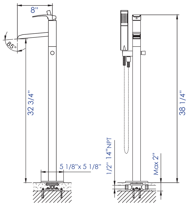 ALFI brand Single Hole Floor Mounted Waterfall Tub Filler  Polished Chrome