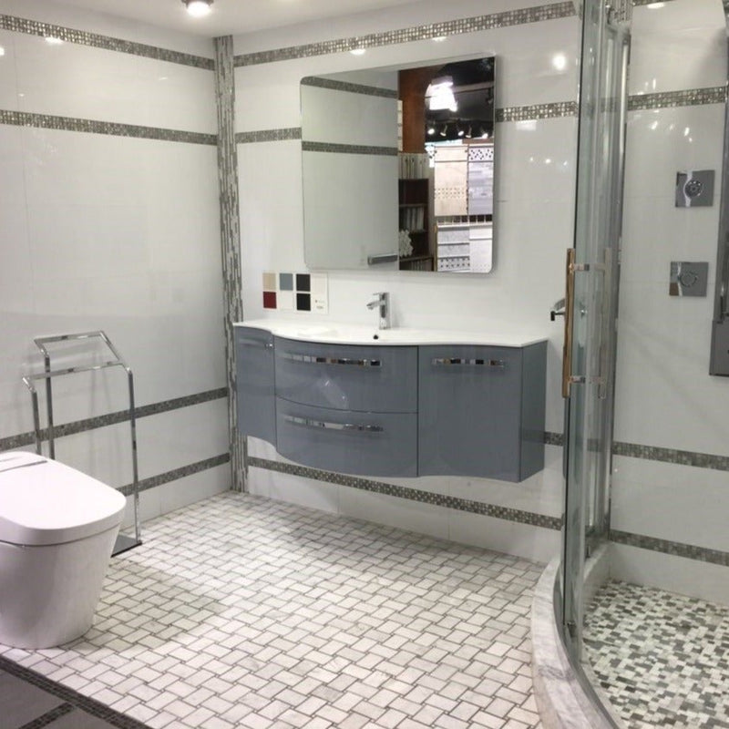 LaToscana Ambra 57" Wall Mounted Floating Vanity Single Sink with 2 Drawers, Left & Right Concave Cabinets - Model Bath