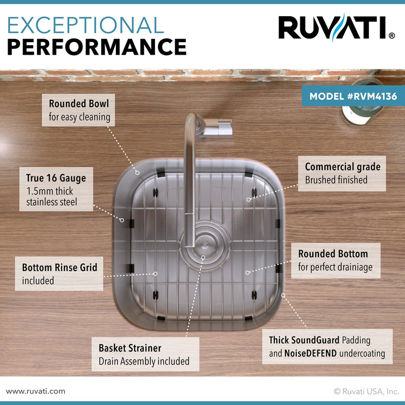 Ruvati 13" x 15" Bar Prep Sink Undermount 16 Gauge Stainless Steel - RVM4136 - Model Bath